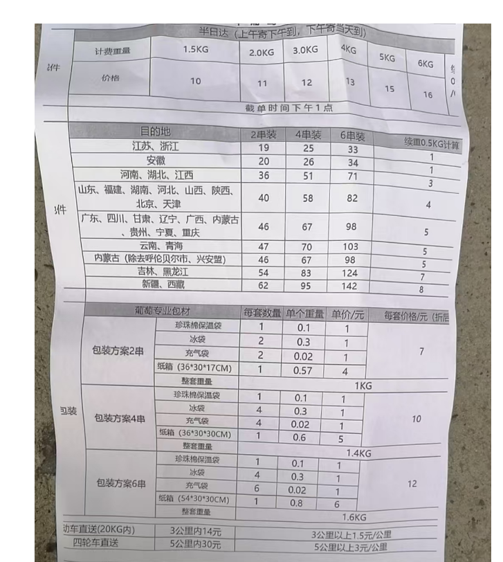 嘉定马陆葡萄顺丰快递价格表